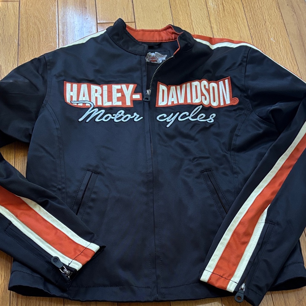 Harley-Davidson Motorcycle Black Jacket with Orange and White Stripes Small Wms